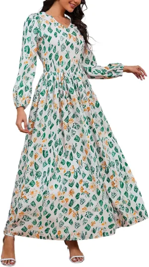 MsavigVice Women's Maxi Dresses Floral Printed Boho Casual V Neck Long Sleeve Elastic Waist Loose Floor Length Dress