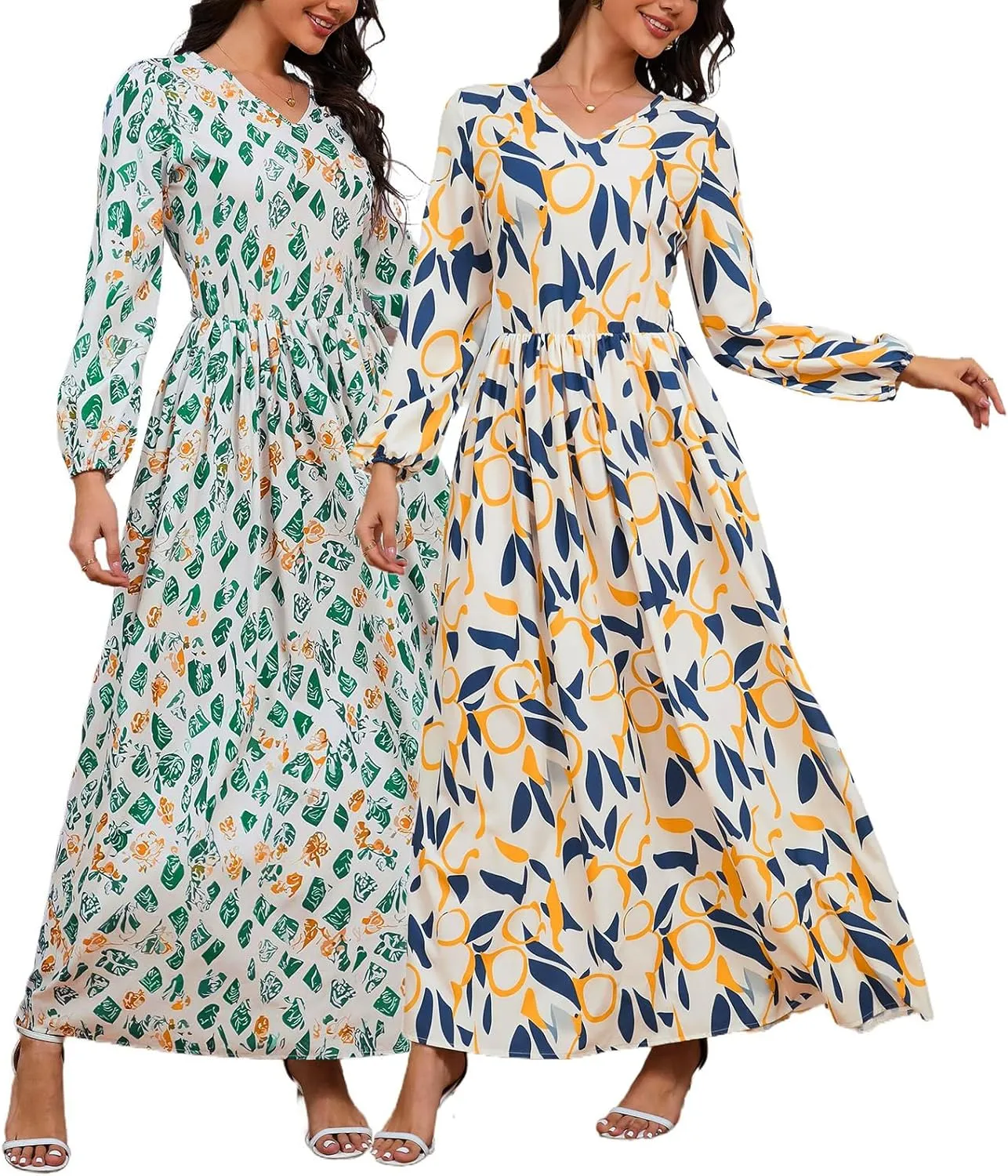 MsavigVice Women's Maxi Dresses Floral Printed Boho Casual V Neck Long Sleeve Elastic Waist Loose Floor Length Dress