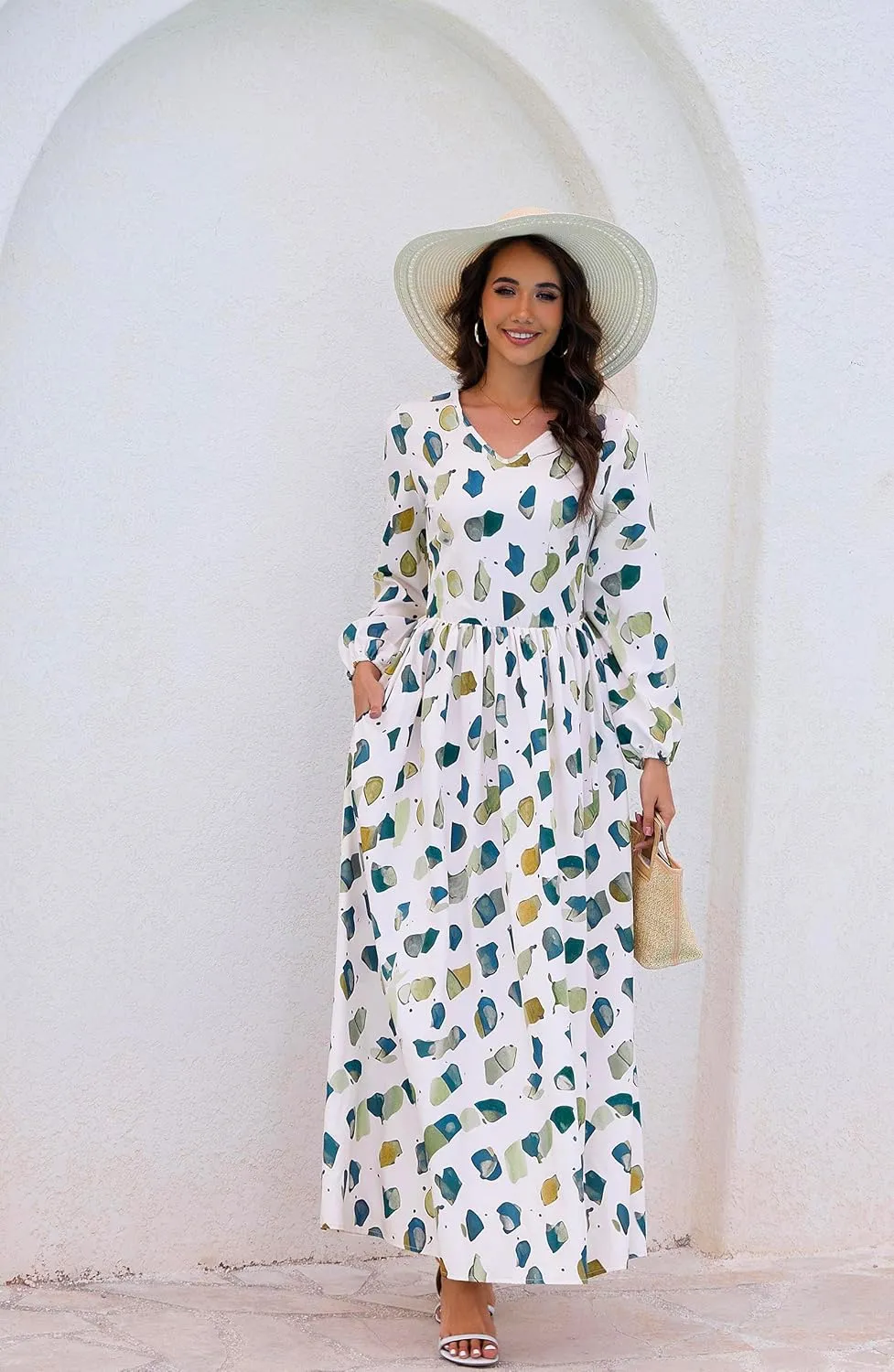 MsavigVice Women's Maxi Dresses Floral Printed Boho Casual V Neck Long Sleeve Elastic Waist Loose Floor Length Dress