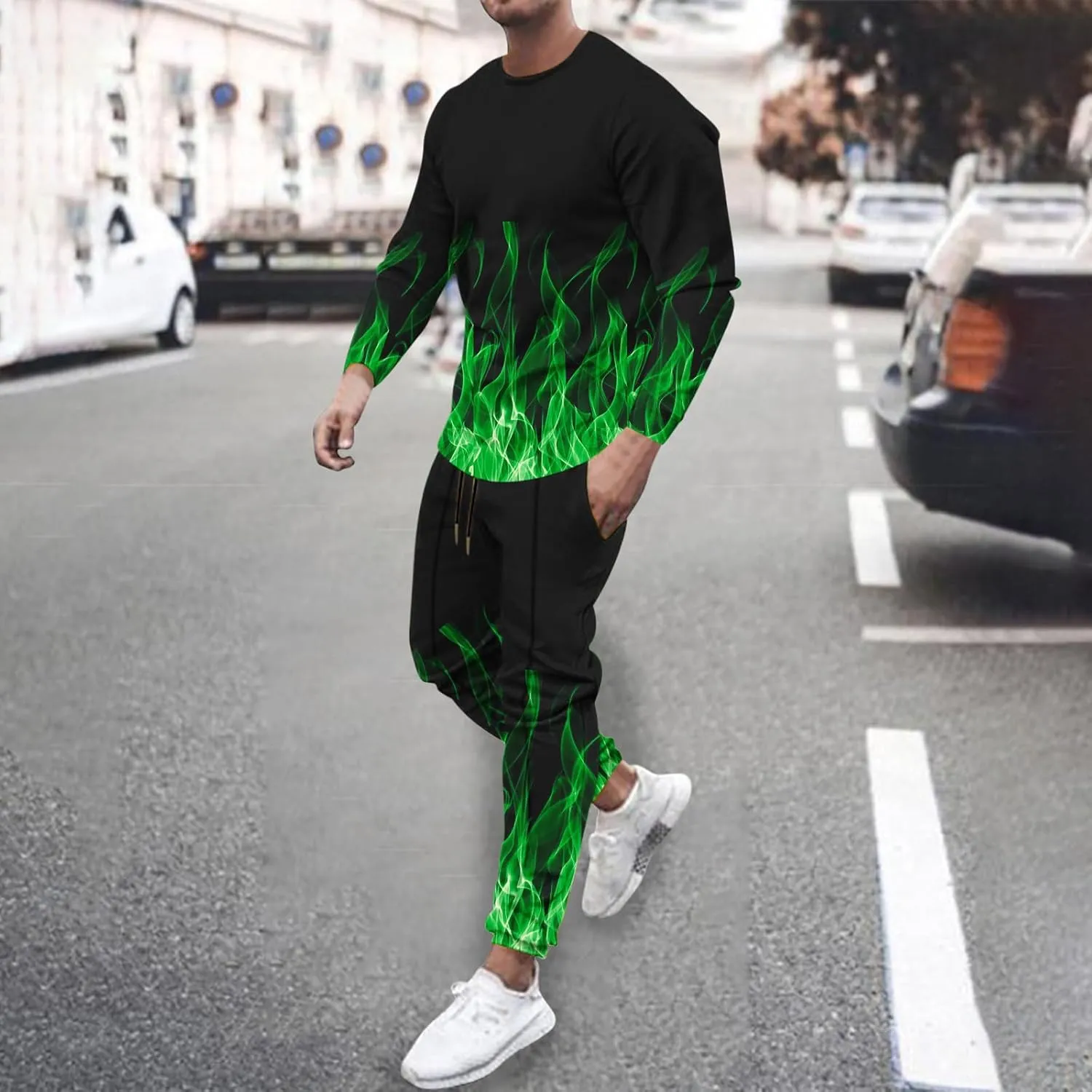 Muscularfit Men's Casual Tracksuit Long Sleeve Running Jogging Sweatsuit Causal Long Sleeve 3D Flame Print Sweatsuit 2 Piece