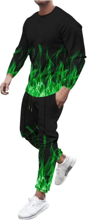 Muscularfit Men's Casual Tracksuit Long Sleeve Running Jogging Sweatsuit Causal Long Sleeve 3D Flame Print Sweatsuit 2 Piece