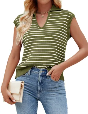 NENONA Women's V Neck Cap Sleeve Summer Sweater Tops 2024 Striped Casual Loose Knit Vest