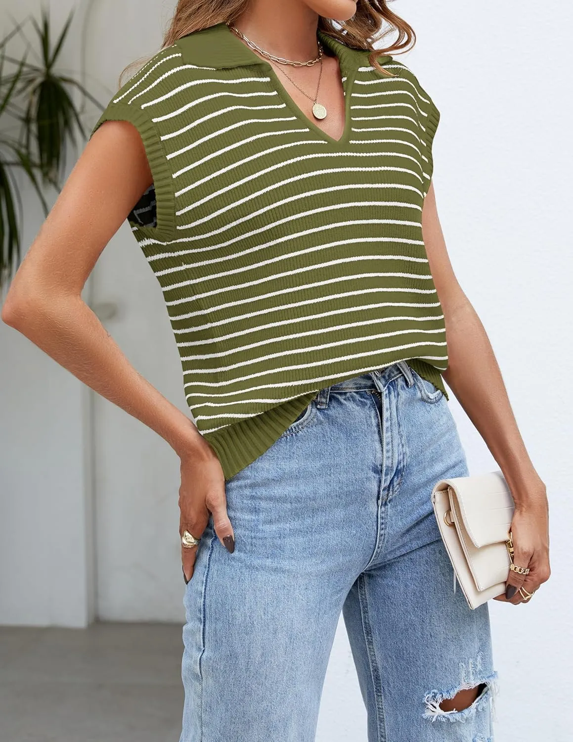 NENONA Women's V Neck Cap Sleeve Summer Sweater Tops 2024 Striped Casual Loose Knit Vest