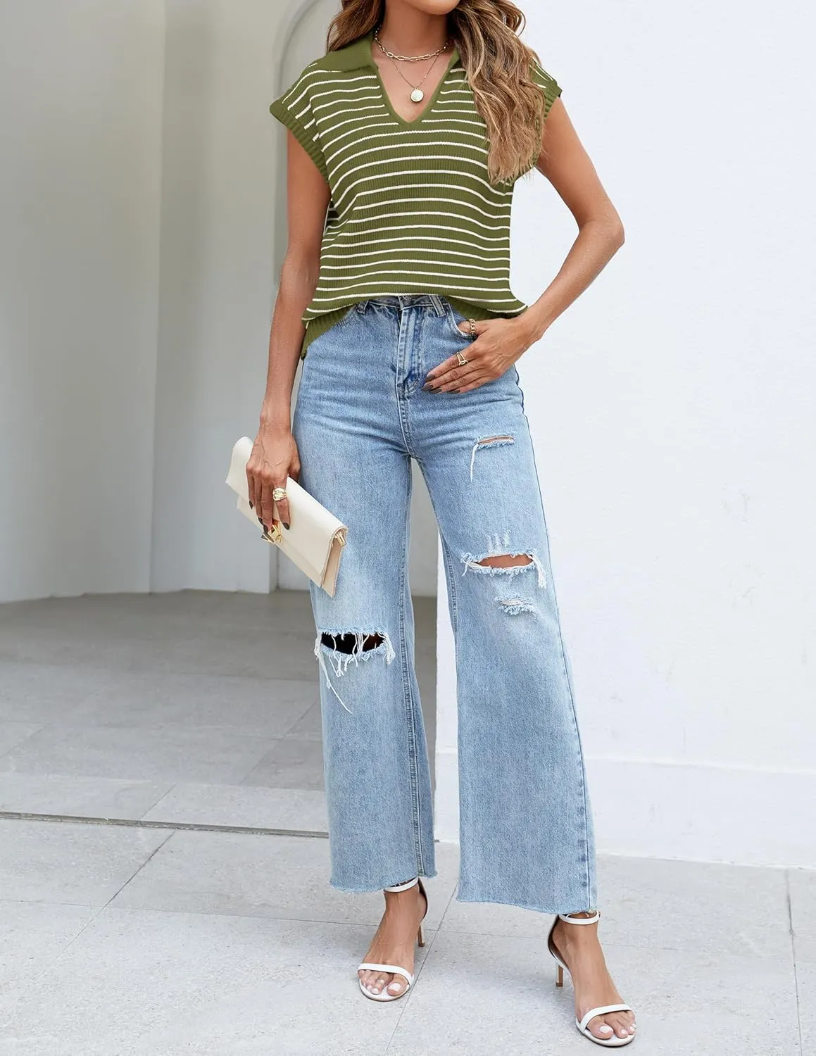 NENONA Women's V Neck Cap Sleeve Summer Sweater Tops 2024 Striped Casual Loose Knit Vest