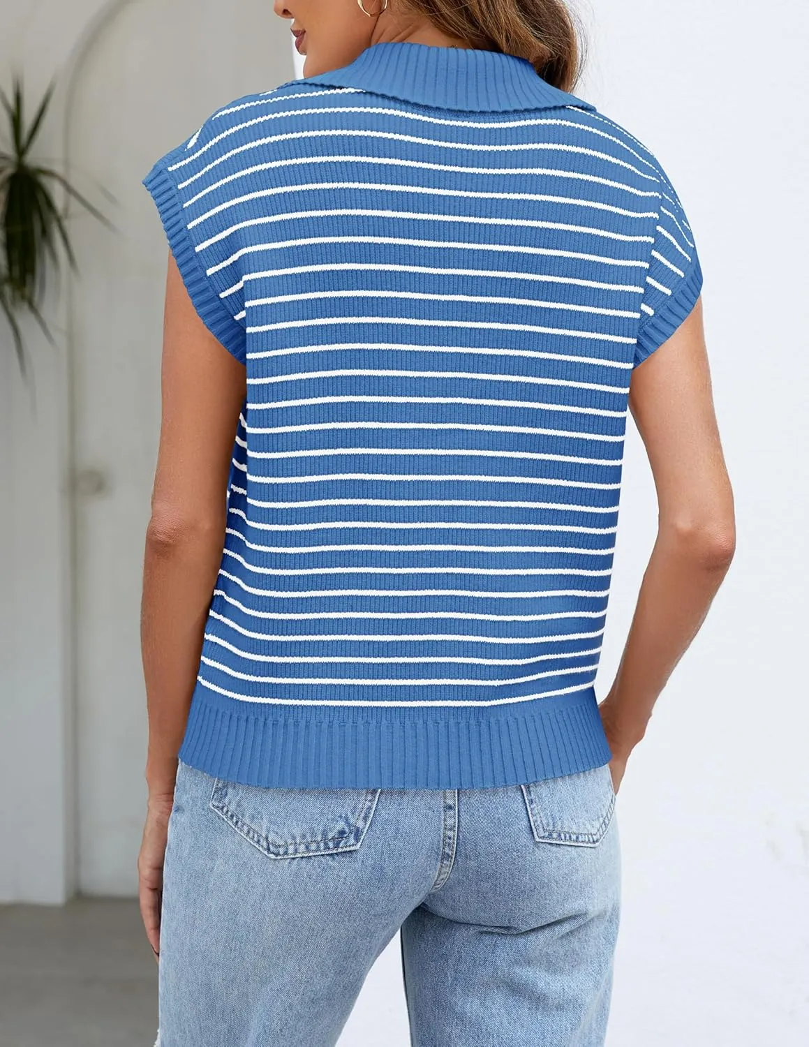 NENONA Women's V Neck Cap Sleeve Summer Sweater Tops 2024 Striped Casual Loose Knit Vest