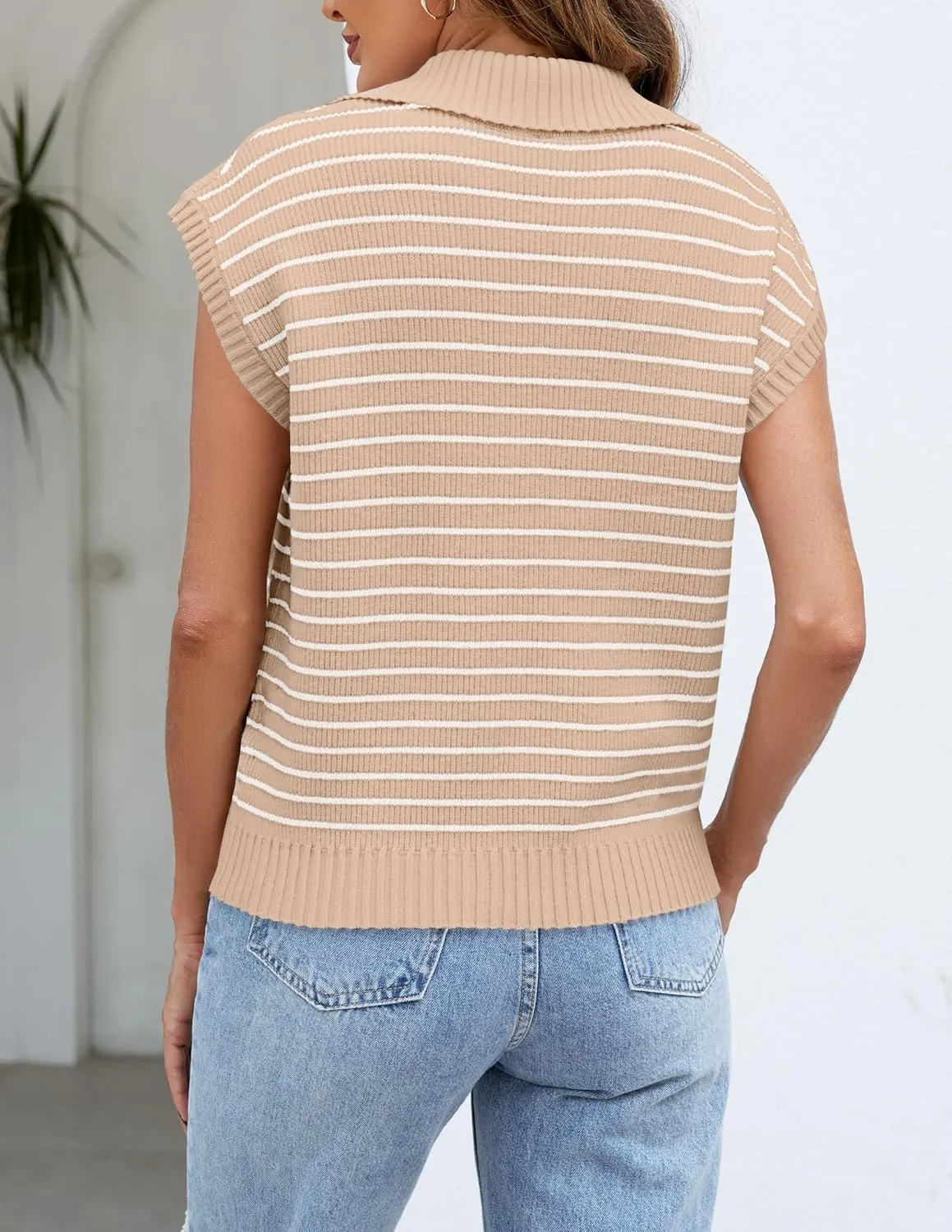 NENONA Women's V Neck Cap Sleeve Summer Sweater Tops 2024 Striped Casual Loose Knit Vest