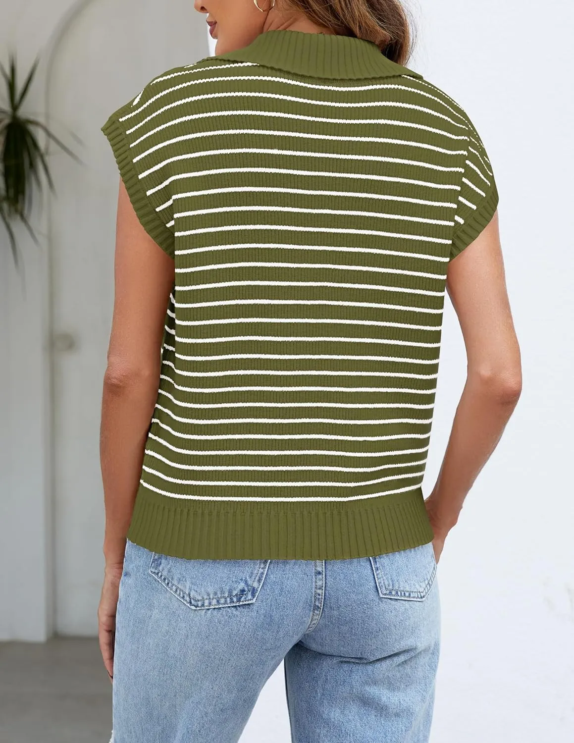 NENONA Women's V Neck Cap Sleeve Summer Sweater Tops 2024 Striped Casual Loose Knit Vest