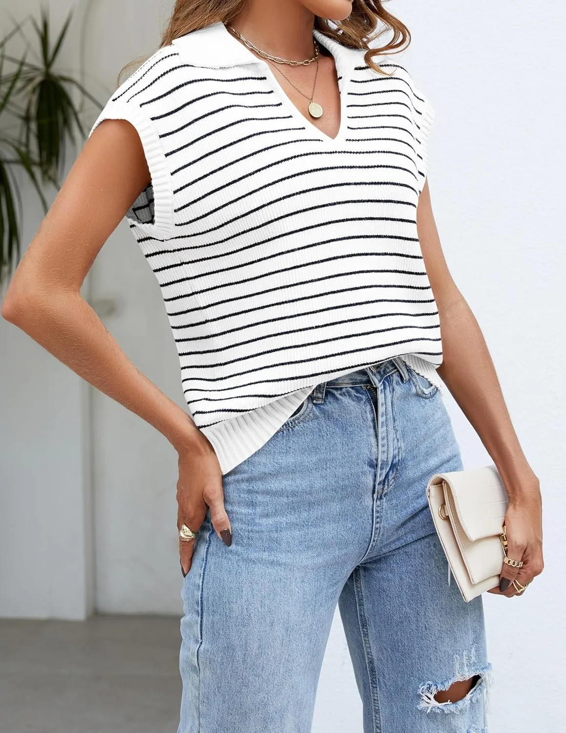 NENONA Women's V Neck Cap Sleeve Summer Sweater Tops 2024 Striped Casual Loose Knit Vest