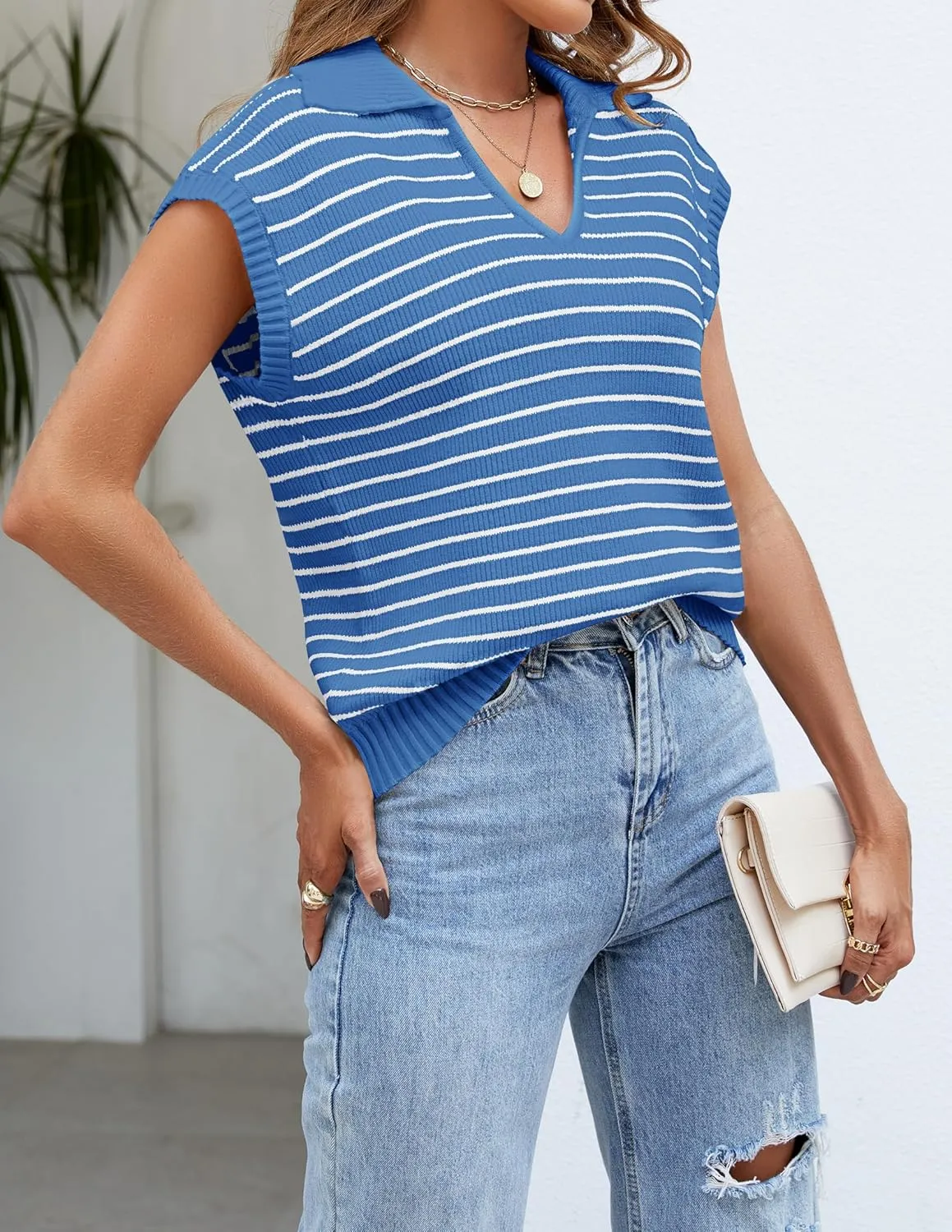 NENONA Women's V Neck Cap Sleeve Summer Sweater Tops 2024 Striped Casual Loose Knit Vest