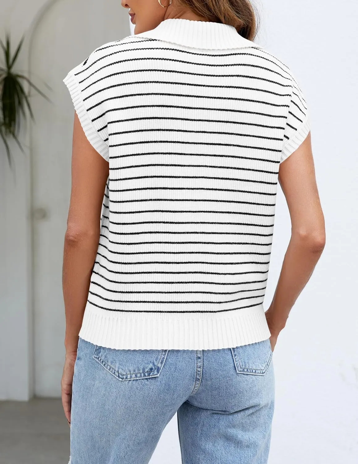 NENONA Women's V Neck Cap Sleeve Summer Sweater Tops 2024 Striped Casual Loose Knit Vest