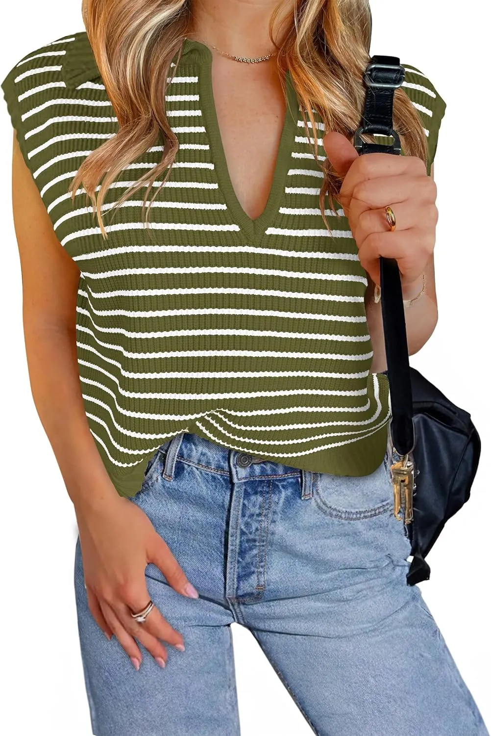 NENONA Women's V Neck Cap Sleeve Summer Sweater Tops 2024 Striped Casual Loose Knit Vest