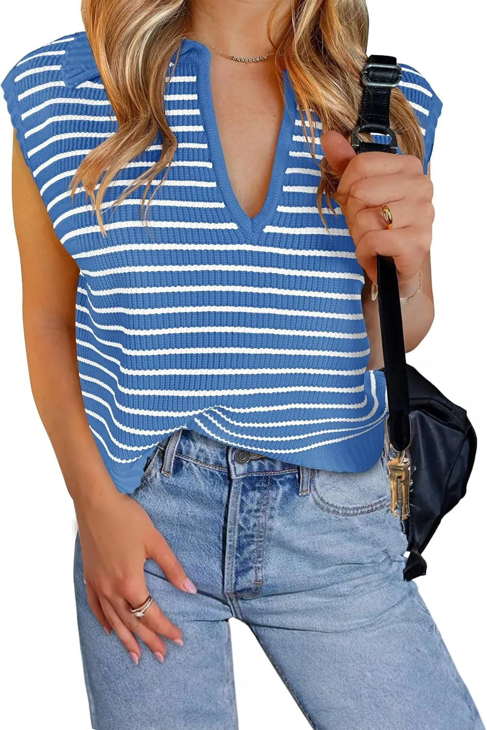 NENONA Women's V Neck Cap Sleeve Summer Sweater Tops 2024 Striped Casual Loose Knit Vest