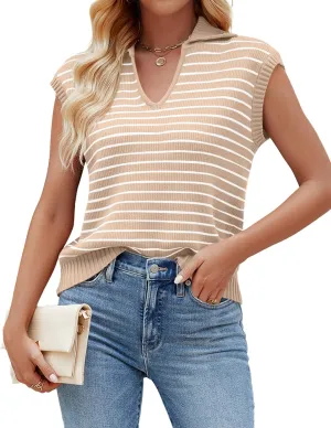 NENONA Women's V Neck Cap Sleeve Summer Sweater Tops 2024 Striped Casual Loose Knit Vest