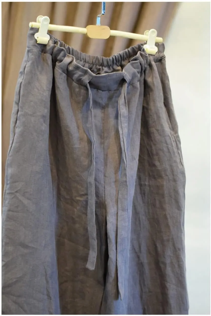 NFYM Casual Wide Pants for Women Linen Elastic High Waist Drawstring Belt Comfy Trousers with Pockets