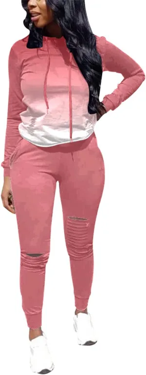 Nimsruc Women's Two Piece Outfits Casual Long Sleeve Sweatsuit Tracksuit Pant Sets Gradient Pink XXL