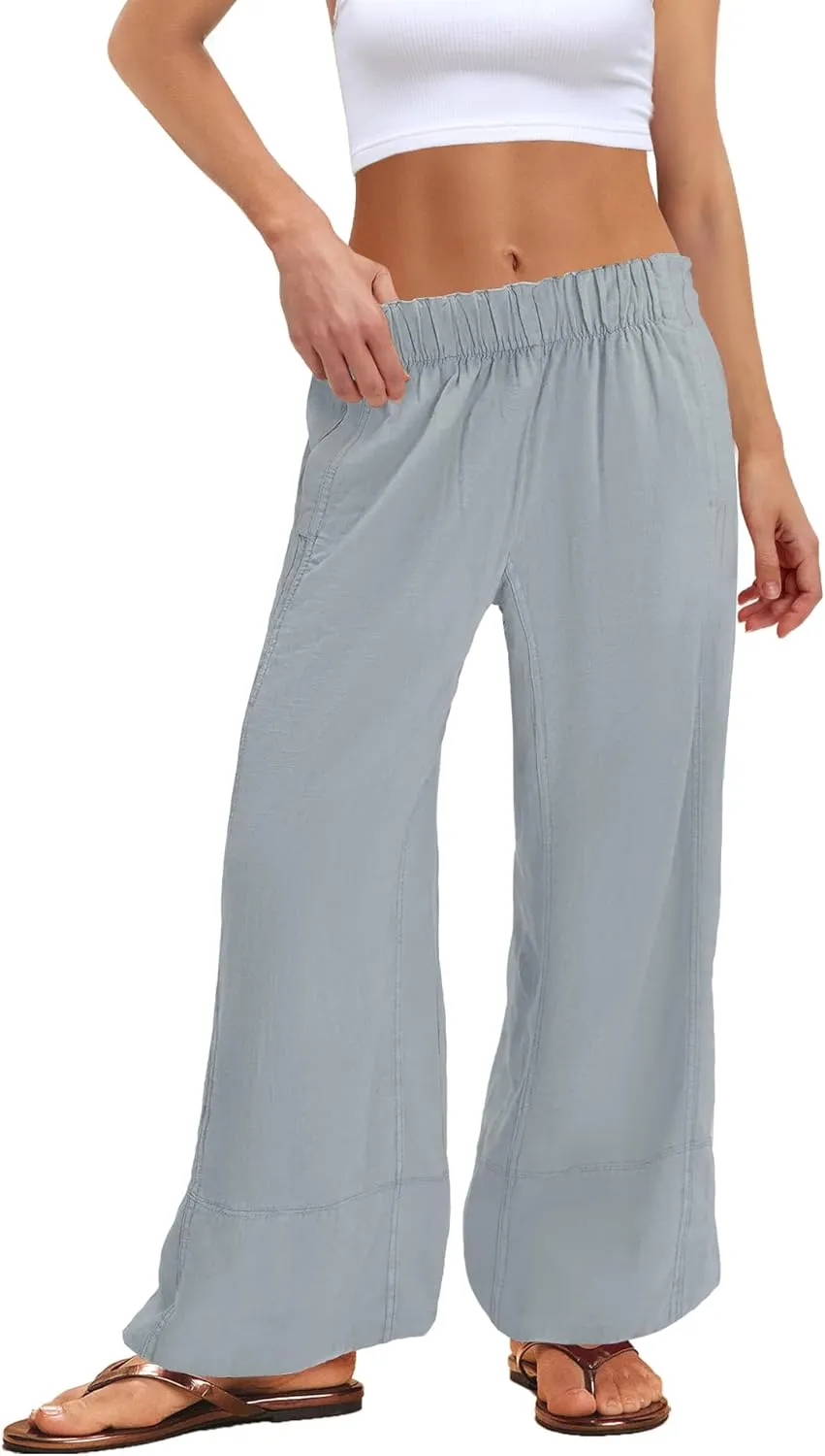 Nirovien Womens Wide Leg Linen Pants High Waisted Palazzo Pants Casual Summer Vacation Trousers with Pockets
