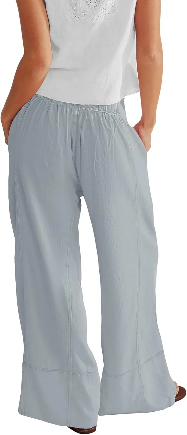 Nirovien Womens Wide Leg Linen Pants High Waisted Palazzo Pants Casual Summer Vacation Trousers with Pockets