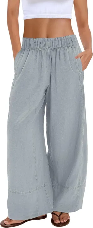 Nirovien Womens Wide Leg Linen Pants High Waisted Palazzo Pants Casual Summer Vacation Trousers with Pockets