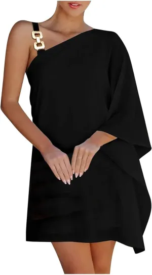 One Shoulder Dresses for Women,2024 Spring Summer Casual Batwing Sleeve Cocktail Dress,Vintage Graphic Party Dress