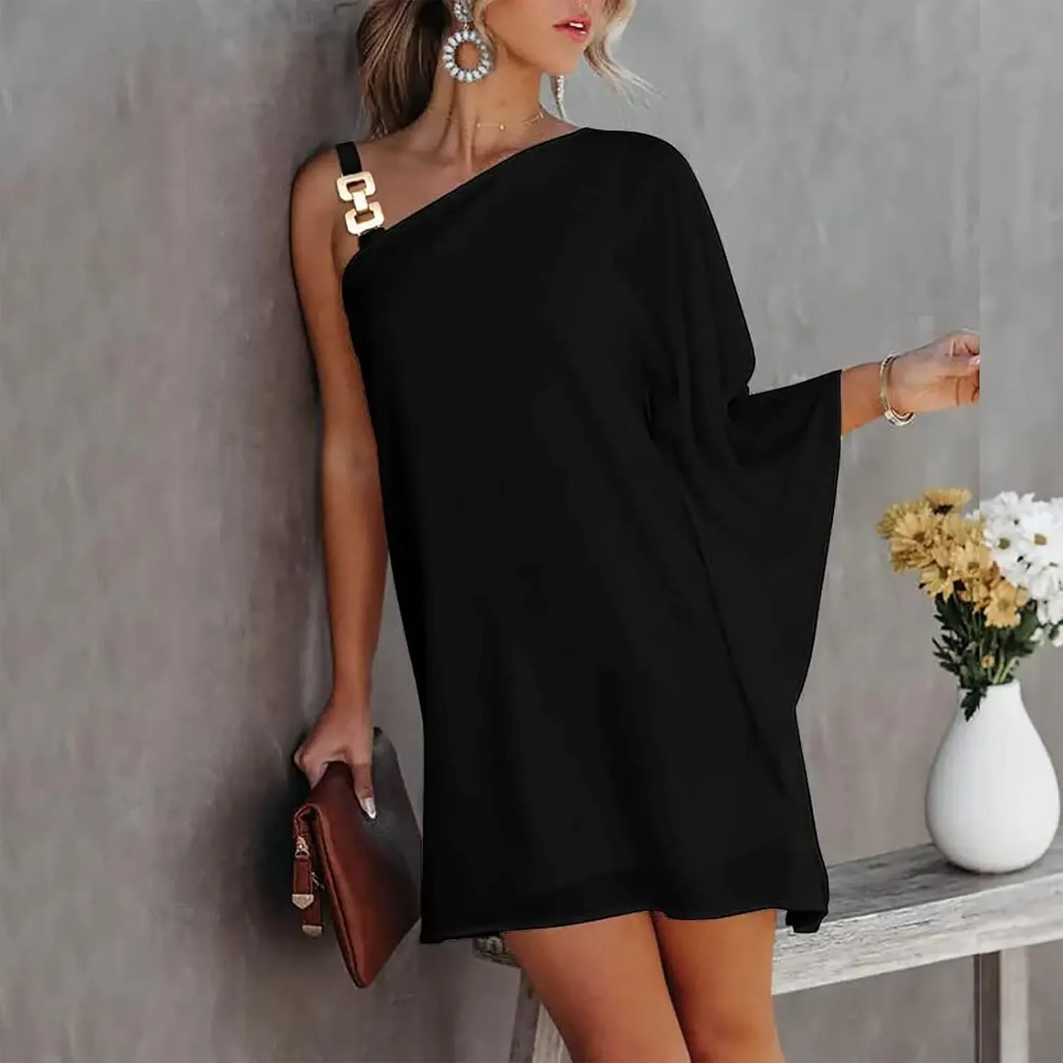 One Shoulder Dresses for Women,2024 Spring Summer Casual Batwing Sleeve Cocktail Dress,Vintage Graphic Party Dress