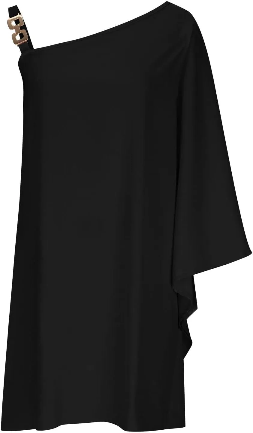 One Shoulder Dresses for Women,2024 Spring Summer Casual Batwing Sleeve Cocktail Dress,Vintage Graphic Party Dress