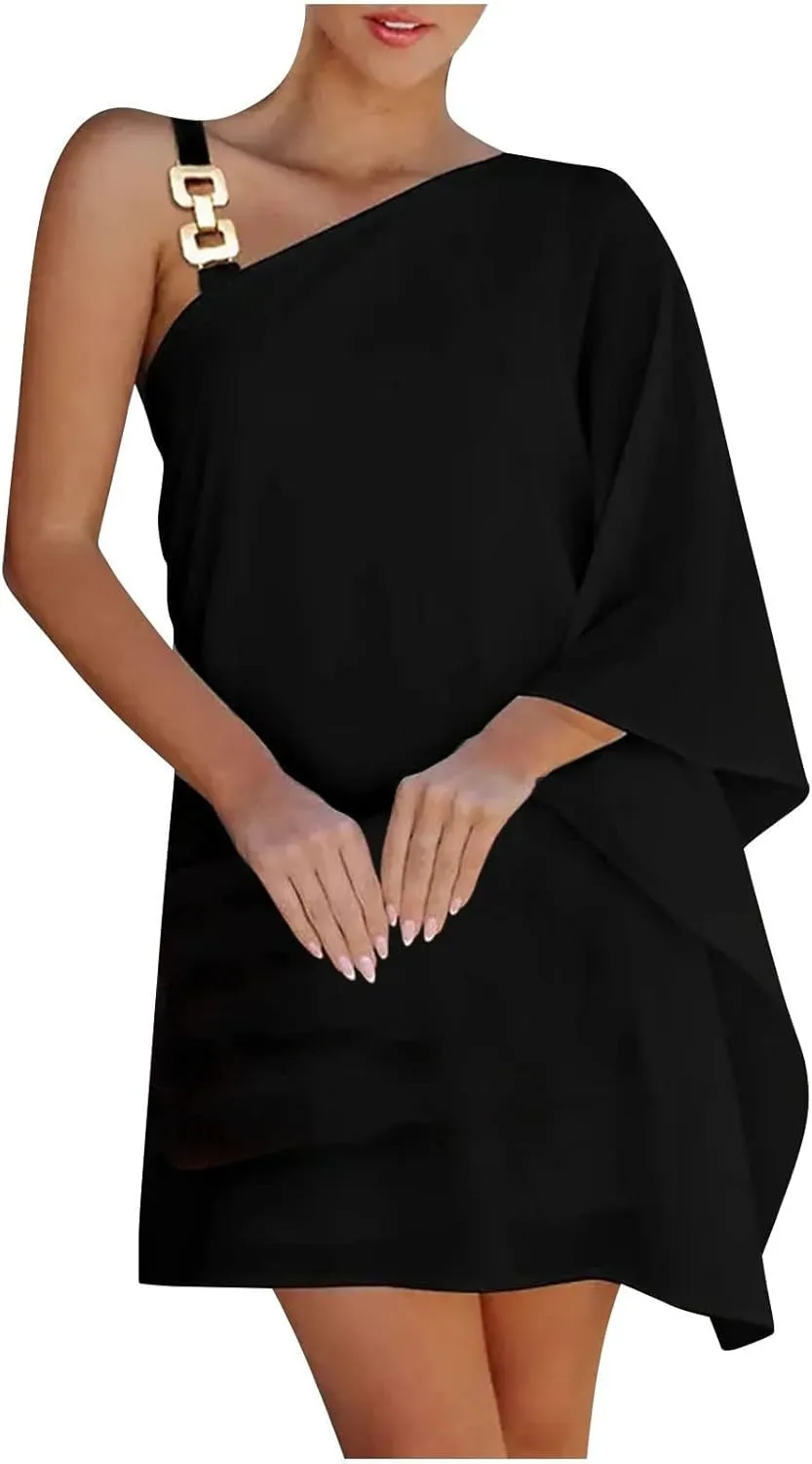 One Shoulder Dresses for Women,2024 Spring Summer Casual Batwing Sleeve Cocktail Dress,Vintage Graphic Party Dress