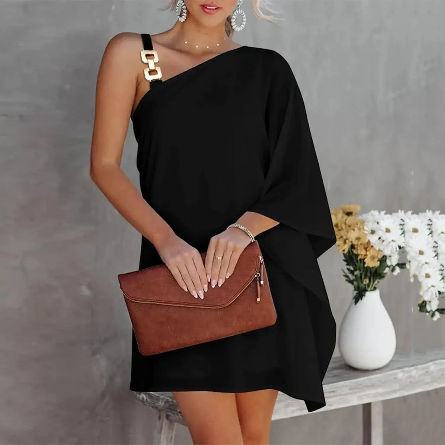 One Shoulder Dresses for Women,2024 Spring Summer Casual Batwing Sleeve Cocktail Dress,Vintage Graphic Party Dress