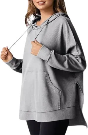 Oversized Hoodies for Women,Waffle Casual Long Sleeve Knit Drawstring Side Slit Pullover Sweatshirts with Pocket
