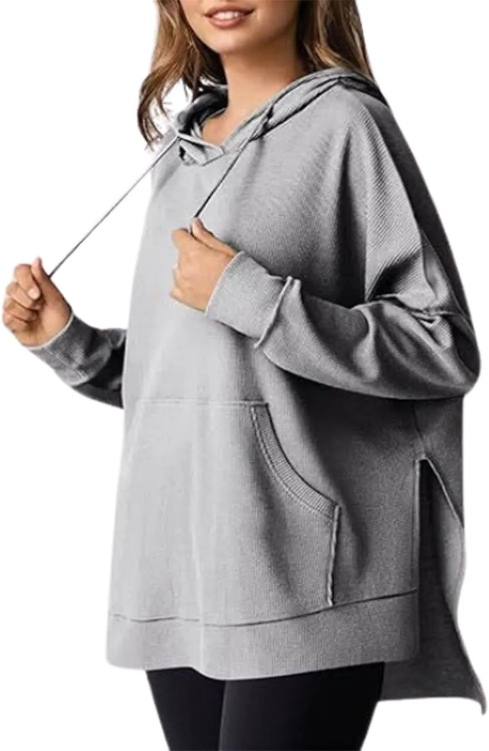 Oversized Hoodies for Women,Waffle Casual Long Sleeve Knit Drawstring Side Slit Pullover Sweatshirts with Pocket