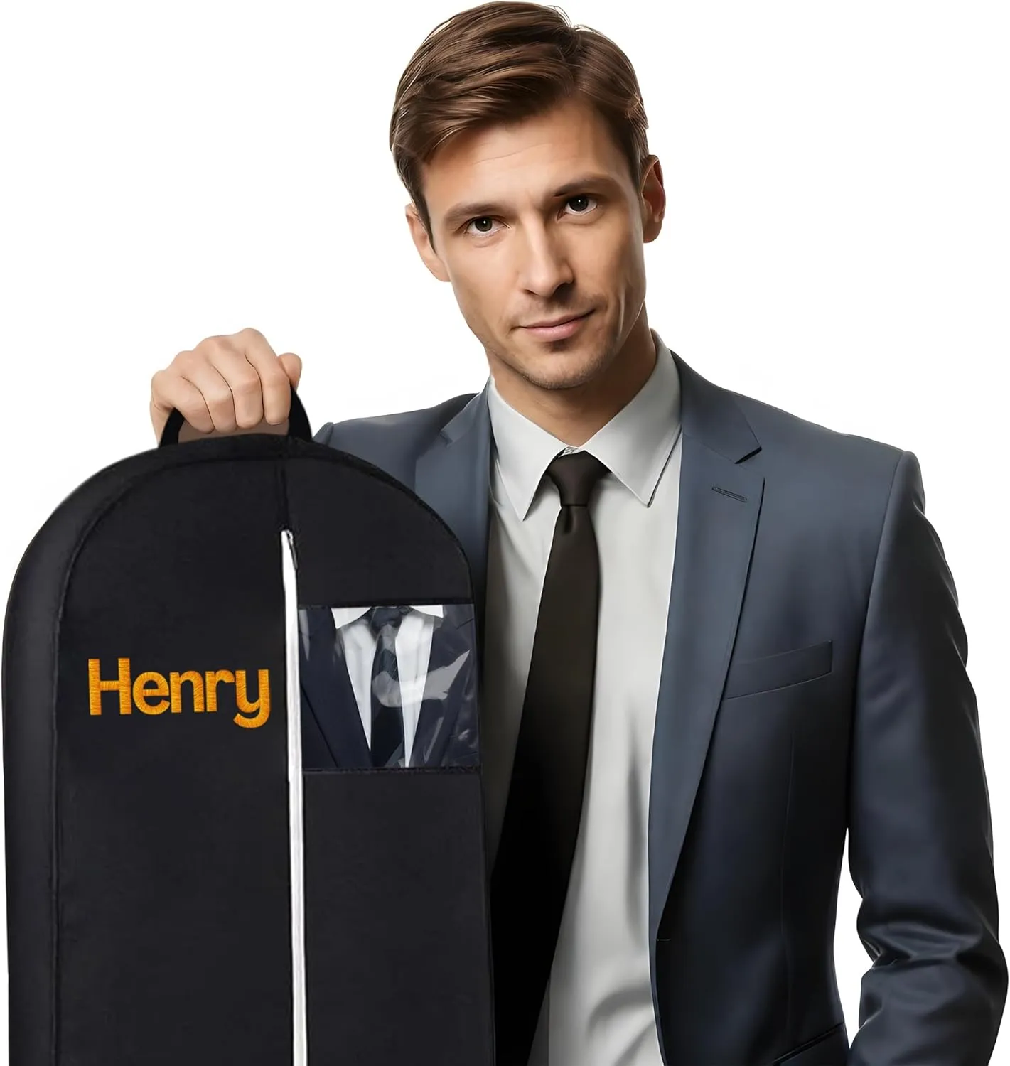 Personalized Garment bag for Business - Embroidered Name Black Bag for Clothes, Suites With 2 Mesh Pockets for Lawyer, Travel- Ideal for Business Travel, Custom Men Suit Cover Bag with Carry Handle