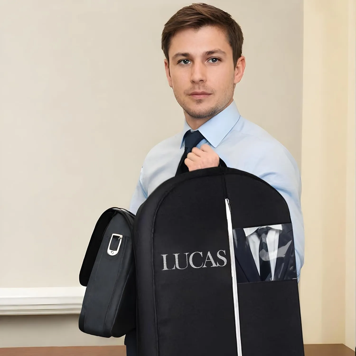 Personalized Garment bag for Business - Embroidered Name Black Bag for Clothes, Suites With 2 Mesh Pockets for Lawyer, Travel- Ideal for Business Travel, Custom Men Suit Cover Bag with Carry Handle