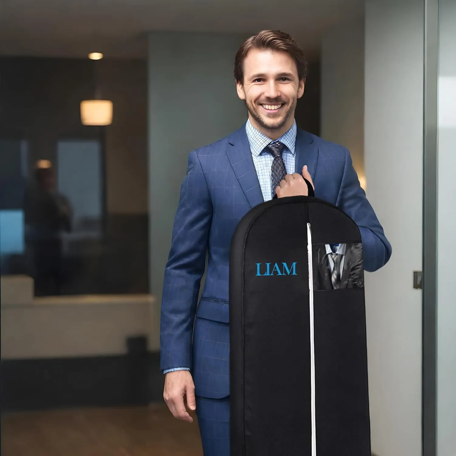 Personalized Garment bag for Business - Embroidered Name Black Bag for Clothes, Suites With 2 Mesh Pockets for Lawyer, Travel- Ideal for Business Travel, Custom Men Suit Cover Bag with Carry Handle