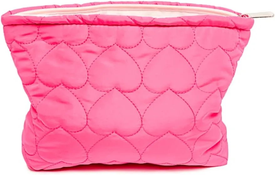 Pink Quilted Makeup Bag, Puffy Heart Cosmetic Bag for Women, Puffer Travel Makeup Pouch, Cute Coquette Cotton Skincare Bag for Girls (Hot Pink)