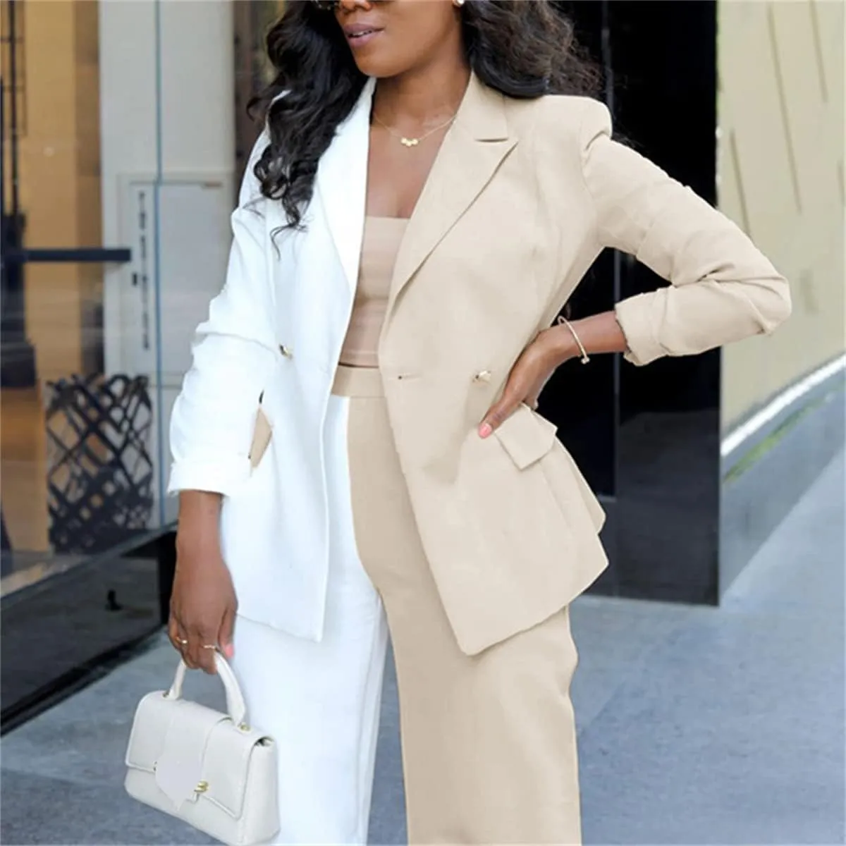 PinkPatty Women's Business Casual Outfits Lightweight Blazer Jacket and Wide Leg Pants Suit Set