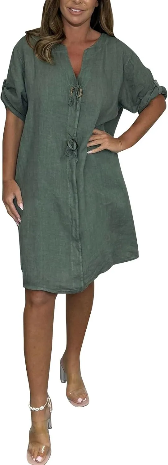 Plus Size Linen Midi Dress for Women Trendy Button Down 3/4 Sleeve Dress Casual Loose Fit Elegant Solid Boho Dress