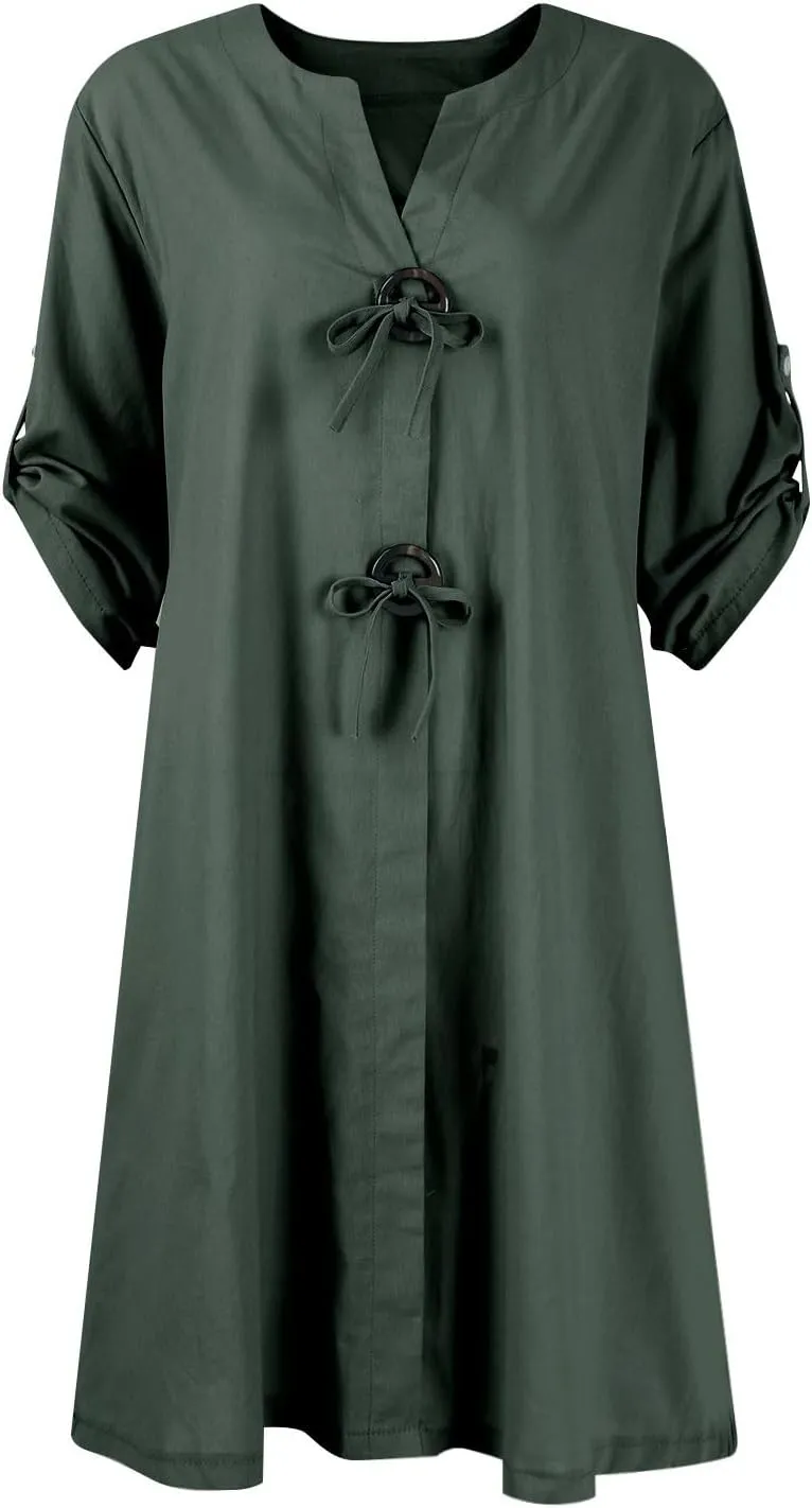 Plus Size Linen Midi Dress for Women Trendy Button Down 3/4 Sleeve Dress Casual Loose Fit Elegant Solid Boho Dress