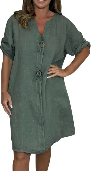 Plus Size Linen Midi Dress for Women Trendy Button Down 3/4 Sleeve Dress Casual Loose Fit Elegant Solid Boho Dress