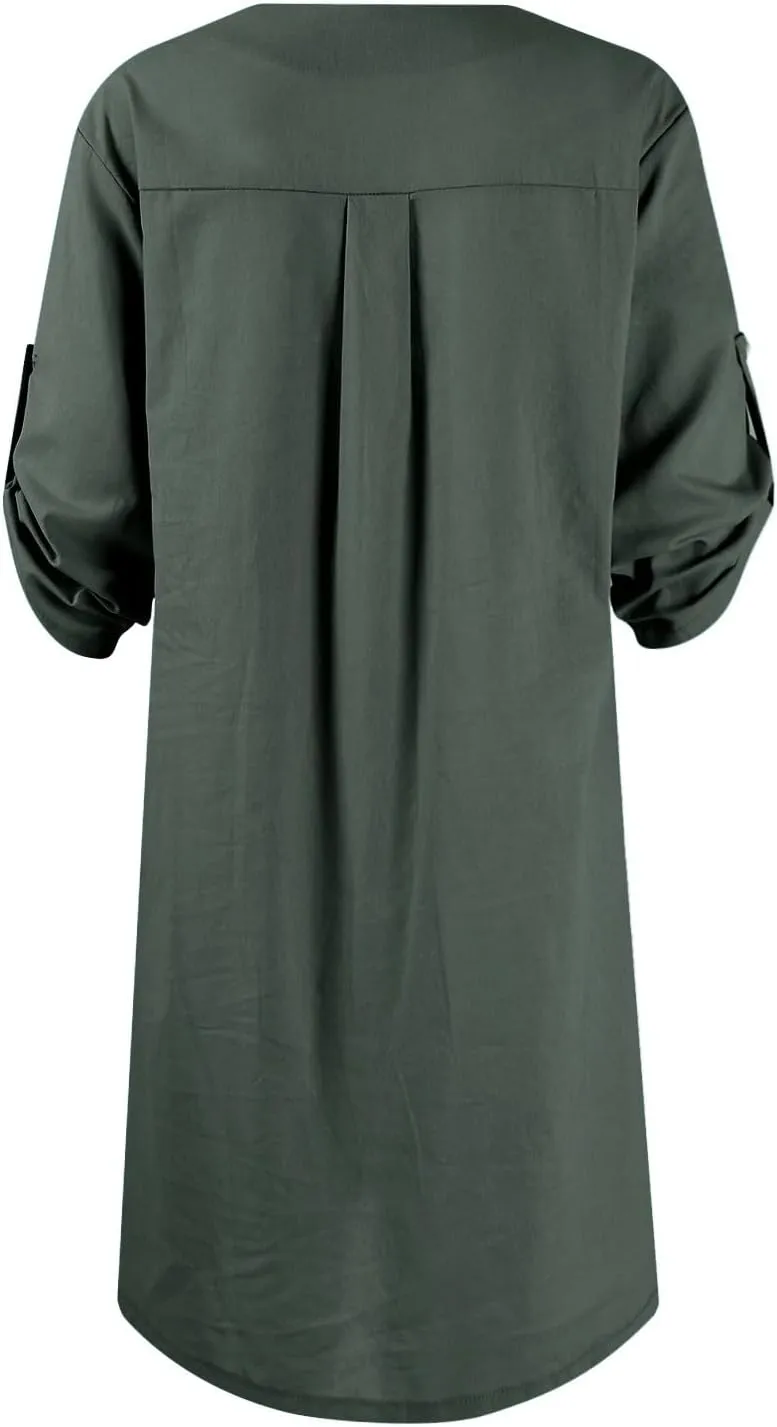 Plus Size Linen Midi Dress for Women Trendy Button Down 3/4 Sleeve Dress Casual Loose Fit Elegant Solid Boho Dress