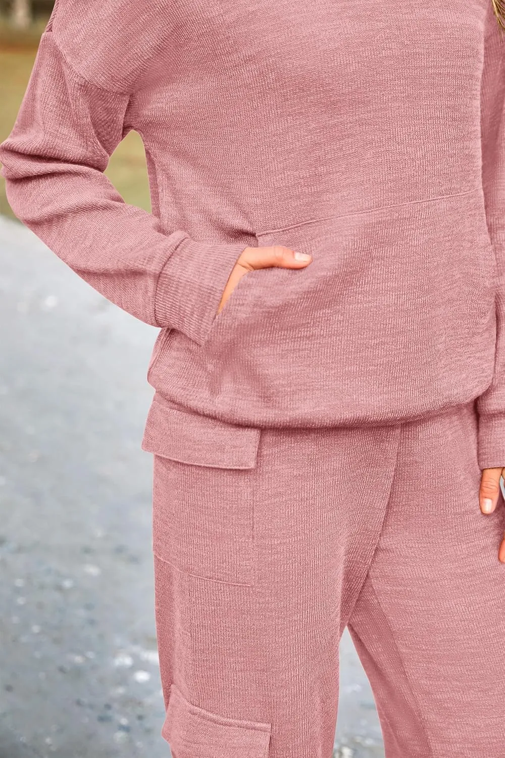 PRETTYGARDEN Women's 2 Piece Lounge Sets 2025 Fall Knitted Hoodie Pullover Tops Cargo Pants Matching Outfits Tracksuits