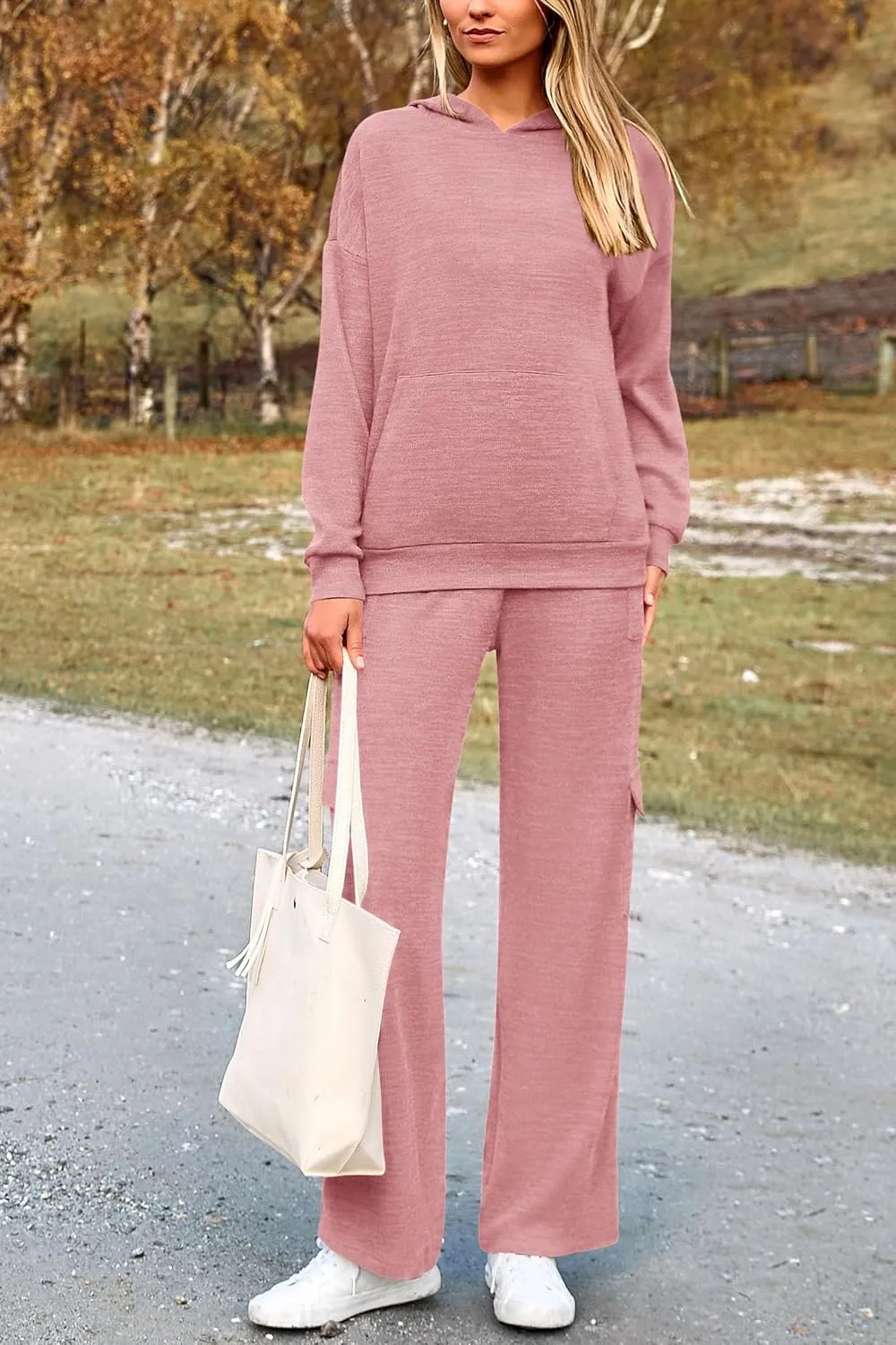 PRETTYGARDEN Women's 2 Piece Lounge Sets 2025 Fall Knitted Hoodie Pullover Tops Cargo Pants Matching Outfits Tracksuits