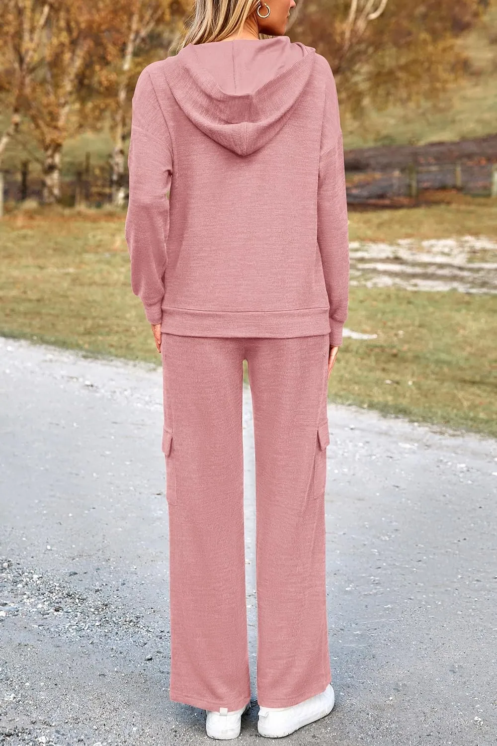 PRETTYGARDEN Women's 2 Piece Lounge Sets 2025 Fall Knitted Hoodie Pullover Tops Cargo Pants Matching Outfits Tracksuits