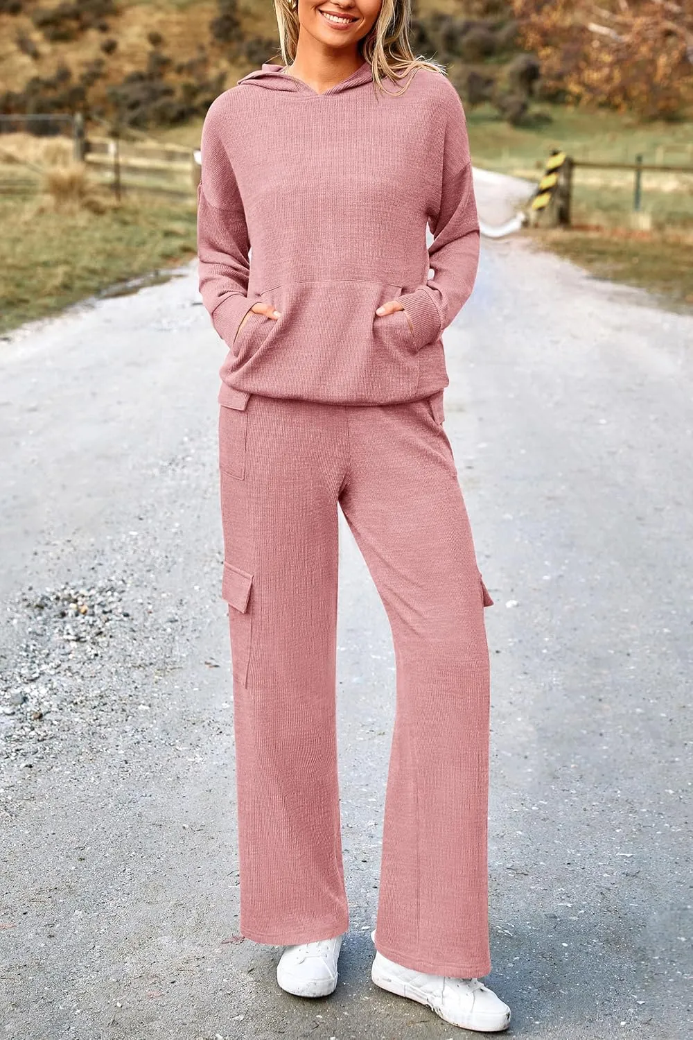 PRETTYGARDEN Women's 2 Piece Lounge Sets 2025 Fall Knitted Hoodie Pullover Tops Cargo Pants Matching Outfits Tracksuits