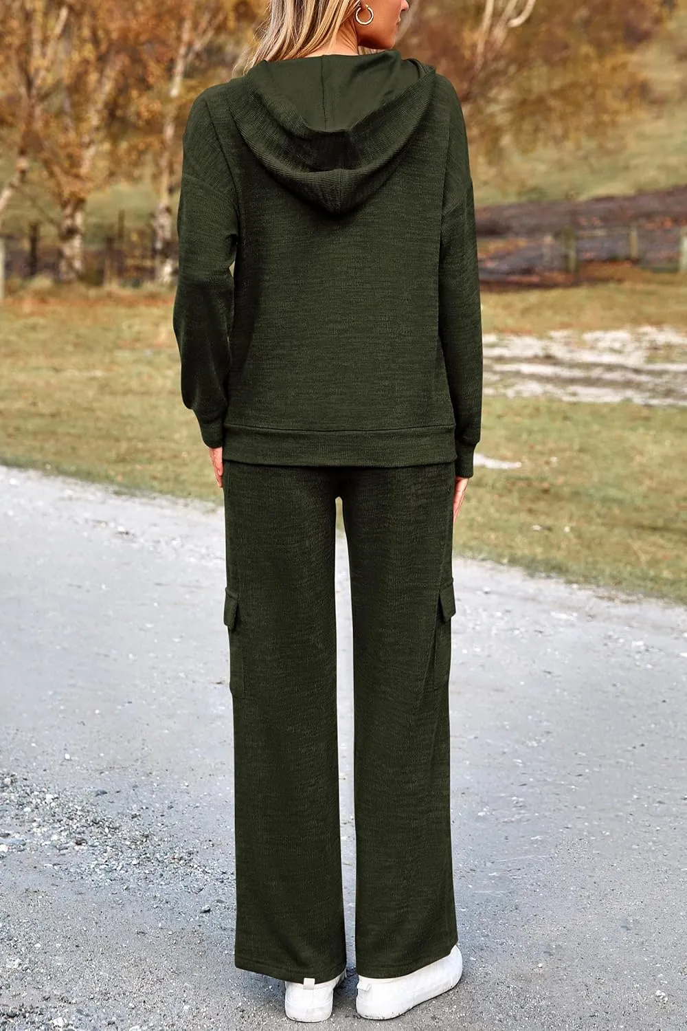 PRETTYGARDEN Women's 2 Piece Lounge Sets 2025 Fall Knitted Hoodie Pullover Tops Cargo Pants Matching Outfits Tracksuits