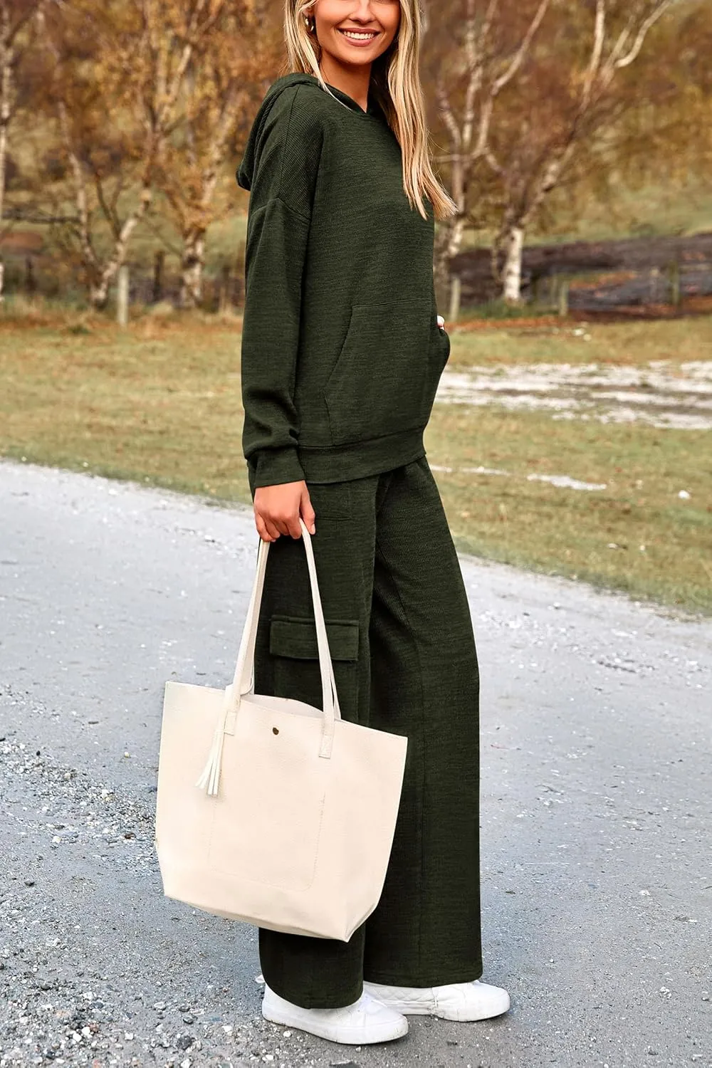 PRETTYGARDEN Women's 2 Piece Lounge Sets 2025 Fall Knitted Hoodie Pullover Tops Cargo Pants Matching Outfits Tracksuits