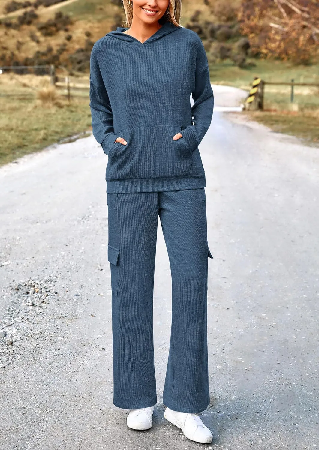 PRETTYGARDEN Women's 2 Piece Lounge Sets 2025 Fall Knitted Hoodie Pullover Tops Cargo Pants Matching Outfits Tracksuits