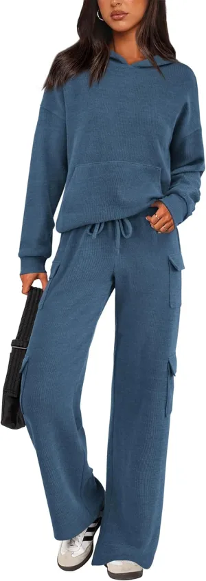 PRETTYGARDEN Women's 2 Piece Lounge Sets 2025 Fall Knitted Hoodie Pullover Tops Cargo Pants Matching Outfits Tracksuits