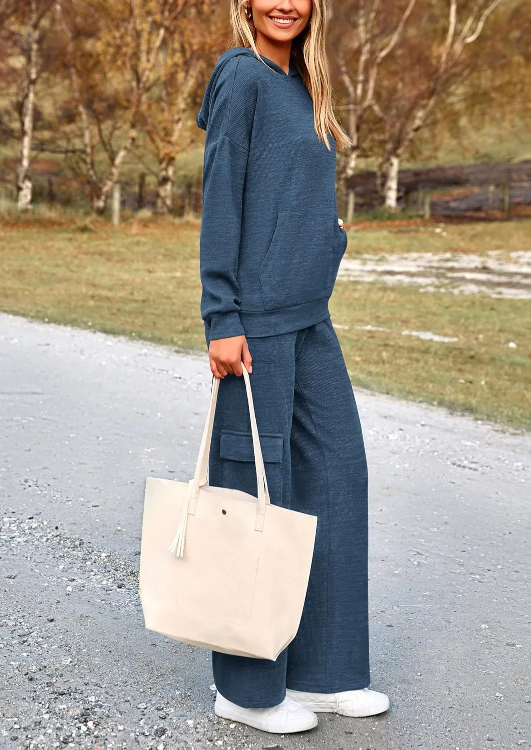 PRETTYGARDEN Women's 2 Piece Lounge Sets 2025 Fall Knitted Hoodie Pullover Tops Cargo Pants Matching Outfits Tracksuits