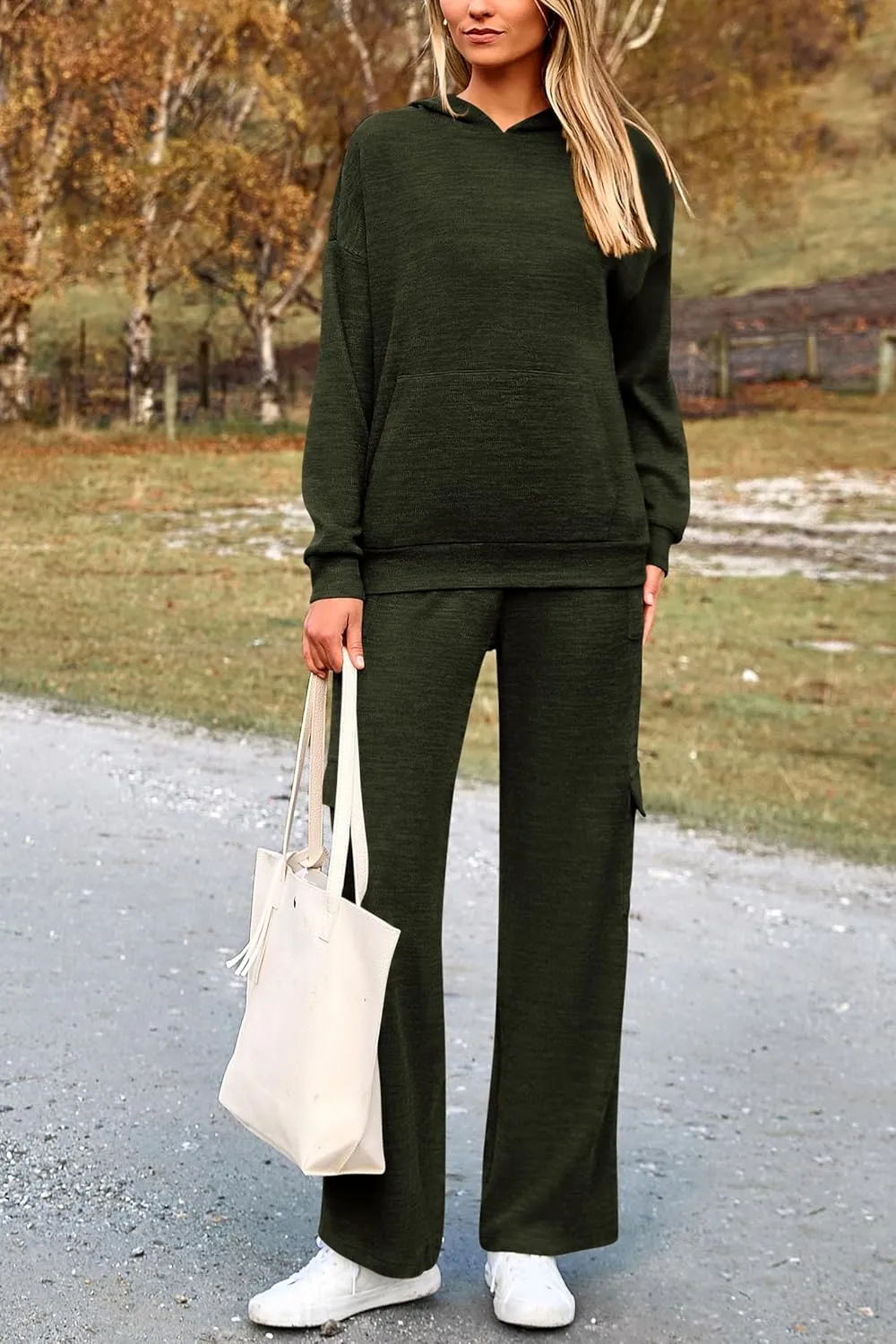 PRETTYGARDEN Women's 2 Piece Lounge Sets 2025 Fall Knitted Hoodie Pullover Tops Cargo Pants Matching Outfits Tracksuits
