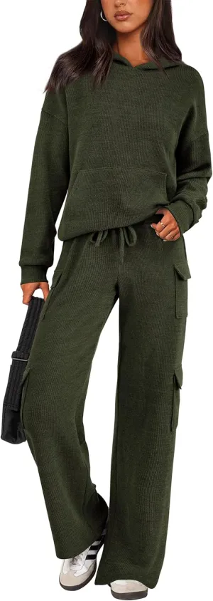 PRETTYGARDEN Women's 2 Piece Lounge Sets 2025 Fall Knitted Hoodie Pullover Tops Cargo Pants Matching Outfits Tracksuits