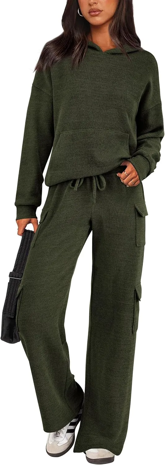 PRETTYGARDEN Women's 2 Piece Lounge Sets 2025 Fall Knitted Hoodie Pullover Tops Cargo Pants Matching Outfits Tracksuits